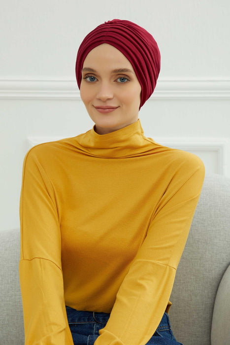 Shirred Elegance Head Turban For Women Fashion Instant Turban Shirred Head Scarf, Plain & Comfortable Stylish Bonnet Cap for Women,B-13 Maroon