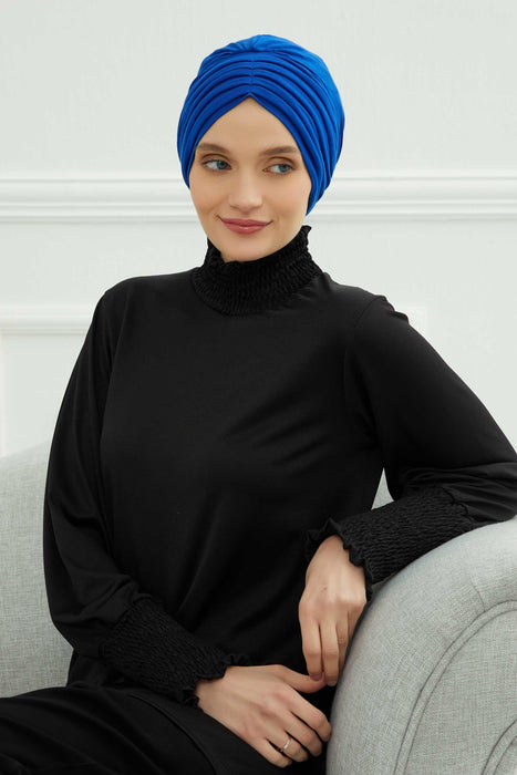 Shirred Elegance Head Turban For Women Fashion Instant Turban Shirred Head Scarf, Plain & Comfortable Stylish Bonnet Cap for Women,B-13 Sax Blue