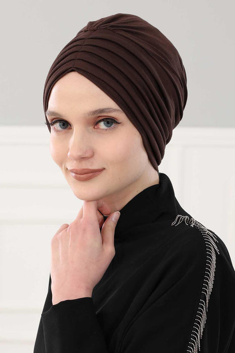 Shirred Elegance Head Turban For Women Fashion Instant Turban Shirred Head Scarf, Plain & Comfortable Stylish Bonnet Cap for Women,B-13 Brown