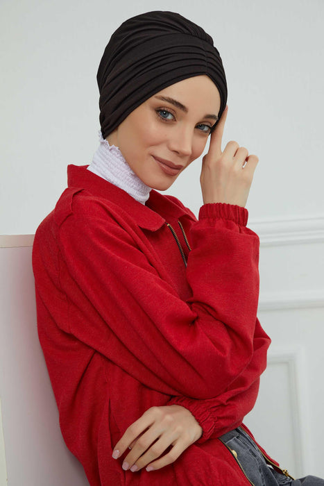 Shirred Elegance Head Turban For Women Fashion Instant Turban Shirred Head Scarf, Plain & Comfortable Stylish Bonnet Cap for Women,B-13 Black