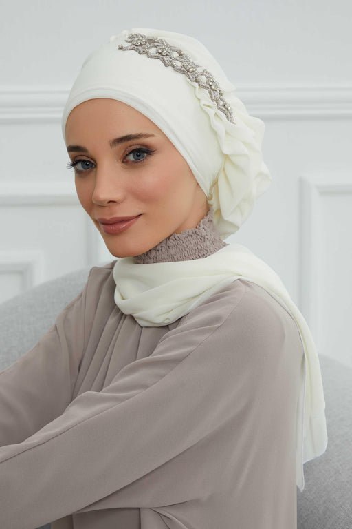 Side Frilled Instant Turban Chiffon Scarf Head Turbans with Unique Accessory For Women Headwear Stylish Elegant Design,HT-100 Ivory