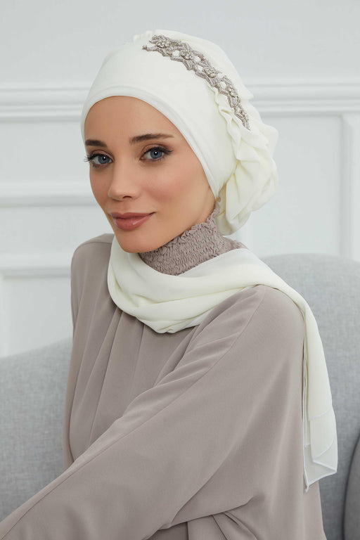 Side Frilled Instant Turban Chiffon Scarf Head Turbans with Unique Accessory For Women Headwear Stylish Elegant Design,HT-100 Ivory