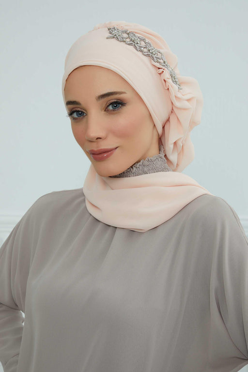 Side Frilled Instant Turban Chiffon Scarf Head Turbans with Unique Accessory For Women Headwear Stylish Elegant Design,HT-100 Beige