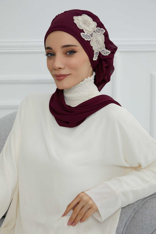 Side Frilled Instant Turban Chiffon Scarf Head Turbans with Unique Flower Accessory For Women Headwear Stylish Elegant Design,HT-102 Damson-Gold