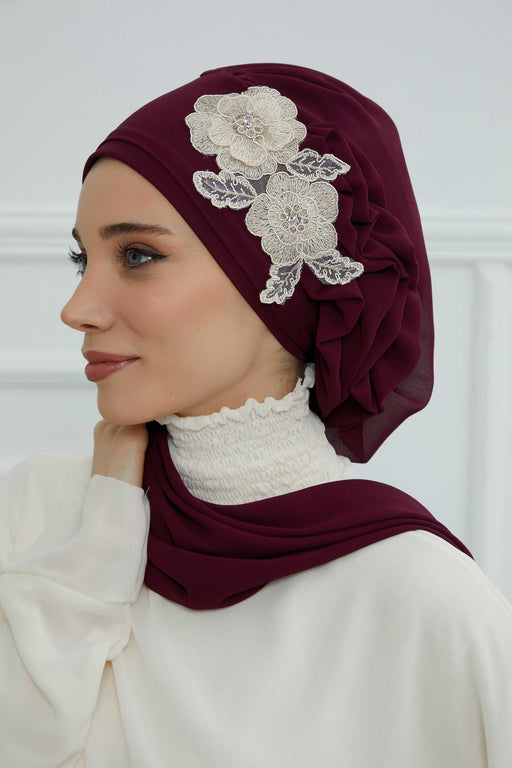 Side Frilled Instant Turban Chiffon Scarf Head Turbans with Unique Flower Accessory For Women Headwear Stylish Elegant Design,HT-102 Damson-Gold