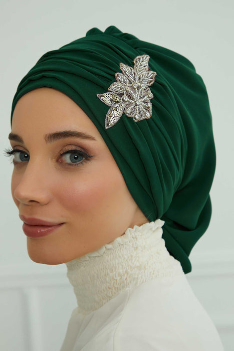 Side Frilled Instant Turban Cotton Scarf Head Turbans with Unique Jewellery Stone Accessory For Women Headwear Stylish Design,HT-105