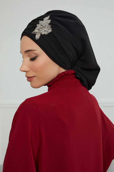 Side Frilled Instant Turban Cotton Scarf Head Turbans with Unique Jewellery Stone Accessory For Women Headwear Stylish Design,HT-105