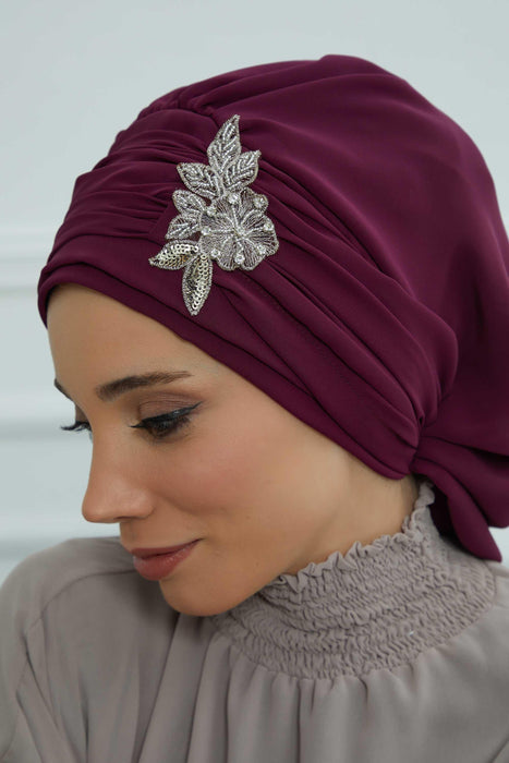 Side Frilled Instant Turban Cotton Scarf Head Turbans with Unique Jewellery Stone Accessory For Women Headwear Stylish Design,HT-105