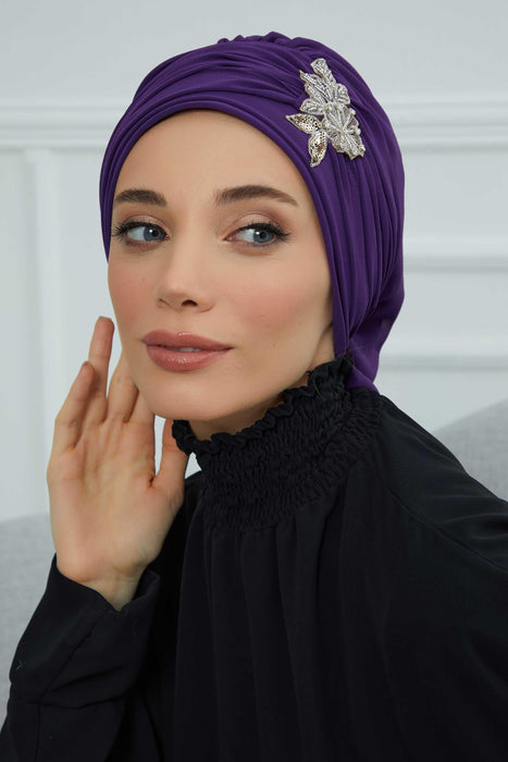 Side Frilled Instant Turban Cotton Scarf Head Turbans with Unique Jewellery Stone Accessory For Women Headwear Stylish Design,HT-105