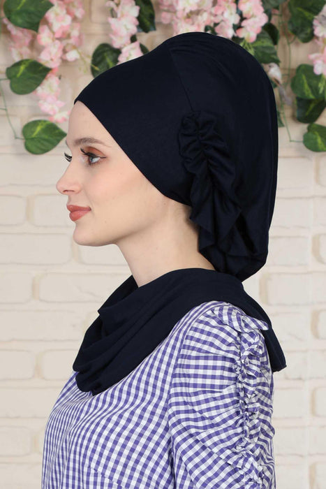 Side Frilled Instant Turban Cotton Headscarf for Women Turban Gift with Beautiful Design, Easy to Wear Muslim Ruffled Headscarf Cover,HT-73 Navy Blue