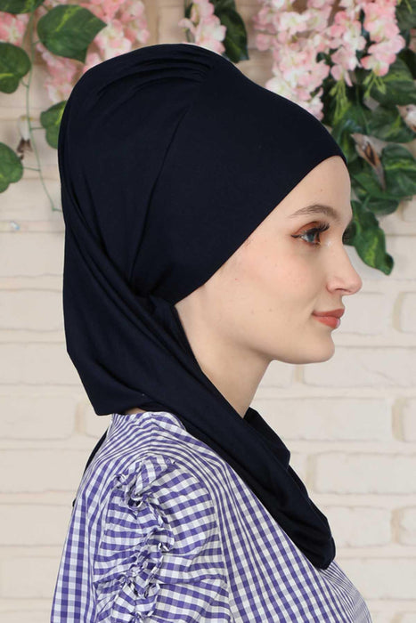 Side Frilled Instant Turban Cotton Headscarf for Women Turban Gift with Beautiful Design, Easy to Wear Muslim Ruffled Headscarf Cover,HT-73 Navy Blue
