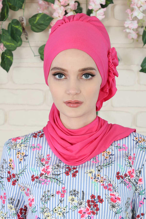 Side Frilled Instant Turban Cotton Headscarf for Women Turban Gift with Beautiful Design, Easy to Wear Muslim Ruffled Headscarf Cover,HT-73 Fuchsia