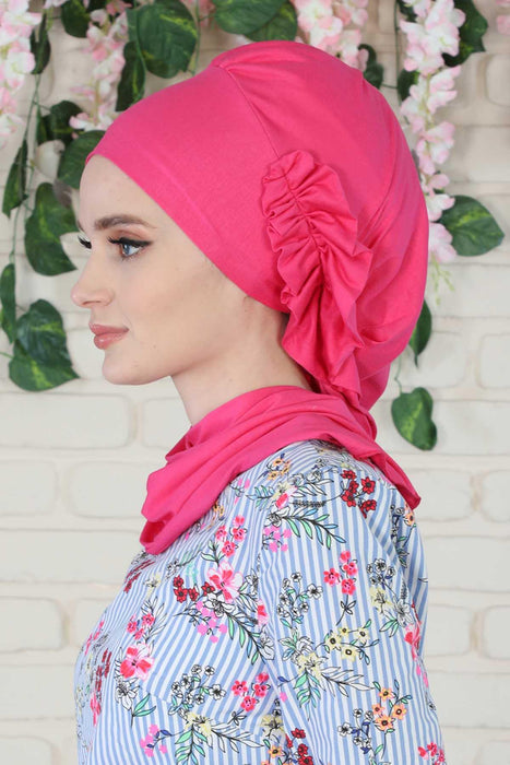 Side Frilled Instant Turban Cotton Headscarf for Women Turban Gift with Beautiful Design, Easy to Wear Muslim Ruffled Headscarf Cover,HT-73 Fuchsia