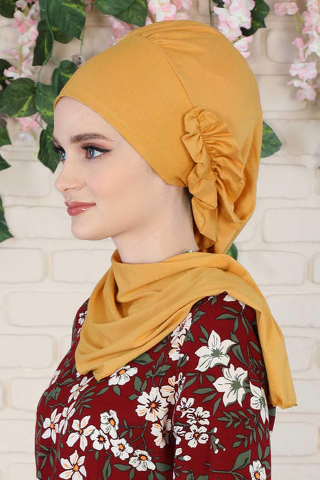 Side Frilled Instant Turban Cotton Headscarf for Women Turban Gift with Beautiful Design, Easy to Wear Muslim Ruffled Headscarf Cover,HT-73 Mustard Yellow