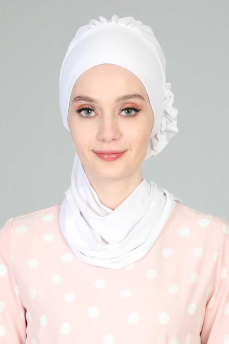 Side Frilled Instant Turban Cotton Headscarf for Women Turban Gift with Beautiful Design, Easy to Wear Muslim Ruffled Headscarf Cover,HT-73 White