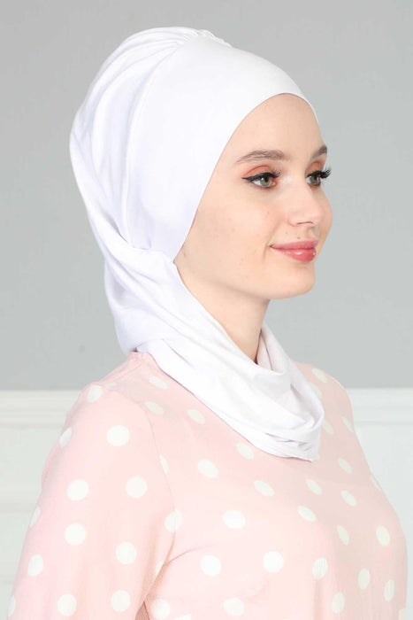 Side Frilled Instant Turban Cotton Headscarf for Women Turban Gift with Beautiful Design, Easy to Wear Muslim Ruffled Headscarf Cover,HT-73 White