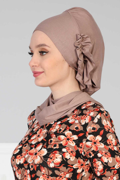 Side Frilled Instant Turban Cotton Headscarf for Women Turban Gift with Beautiful Design, Easy to Wear Muslim Ruffled Headscarf Cover,HT-73 Mink