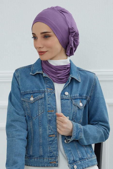 Side Frilled Instant Turban Cotton Headscarf for Women Turban Gift with Beautiful Design, Easy to Wear Muslim Ruffled Headscarf Cover,HT-73 Purple 2