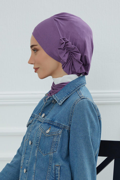 Side Frilled Instant Turban Cotton Headscarf for Women Turban Gift with Beautiful Design, Easy to Wear Muslim Ruffled Headscarf Cover,HT-73 Purple 2