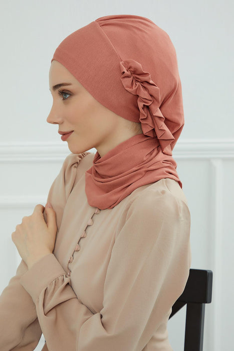 Side Frilled Instant Turban Cotton Headscarf for Women Turban Gift with Beautiful Design, Easy to Wear Muslim Ruffled Headscarf Cover,HT-73 Salmon