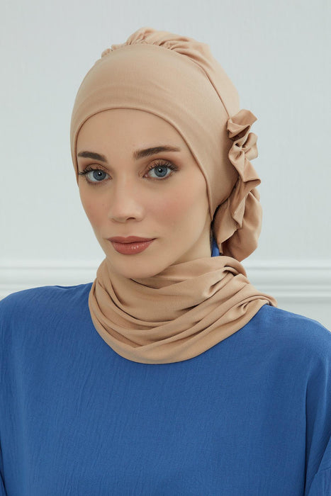 Side Frilled Instant Turban Cotton Headscarf for Women Turban Gift with Beautiful Design, Easy to Wear Muslim Ruffled Headscarf Cover,HT-73 Sand Brown