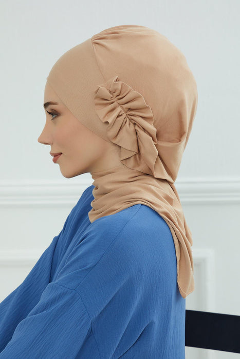Side Frilled Instant Turban Cotton Headscarf for Women Turban Gift with Beautiful Design, Easy to Wear Muslim Ruffled Headscarf Cover,HT-73 Sand Brown