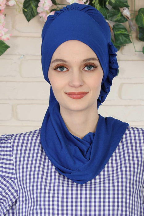 Side Frilled Instant Turban Cotton Headscarf for Women Turban Gift with Beautiful Design, Easy to Wear Muslim Ruffled Headscarf Cover,HT-73