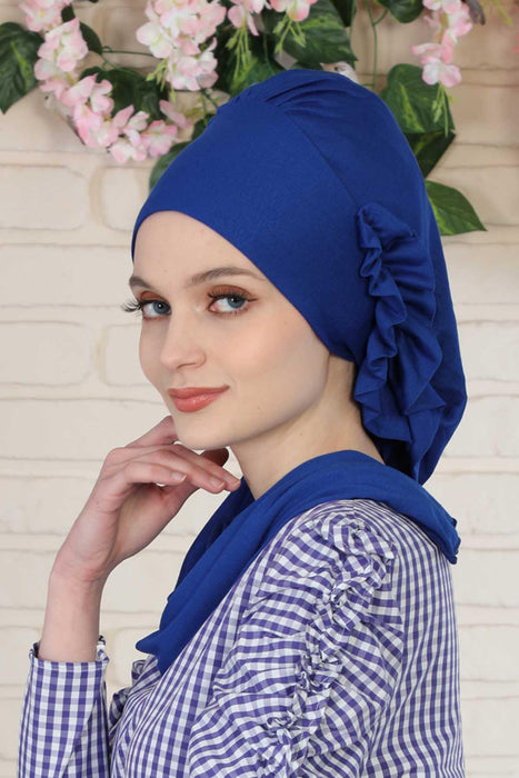 Side Frilled Instant Turban Cotton Headscarf for Women Turban Gift with Beautiful Design, Easy to Wear Muslim Ruffled Headscarf Cover,HT-73 Sax Blue