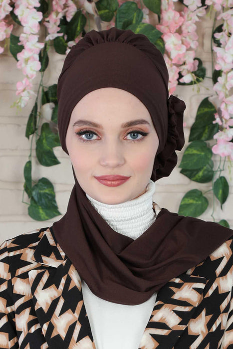 Side Frilled Instant Turban Cotton Headscarf for Women Turban Gift with Beautiful Design, Easy to Wear Muslim Ruffled Headscarf Cover,HT-73 Brown