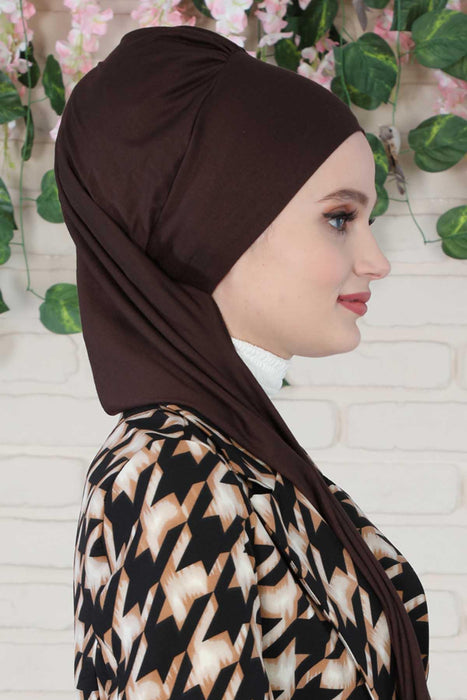 Side Frilled Instant Turban Cotton Headscarf for Women Turban Gift with Beautiful Design, Easy to Wear Muslim Ruffled Headscarf Cover,HT-73 Brown