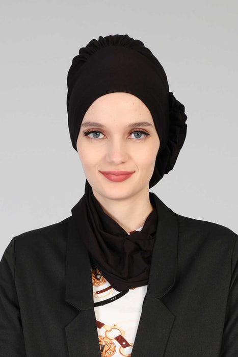 Side Frilled Instant Turban Cotton Headscarf for Women Turban Gift with Beautiful Design, Easy to Wear Muslim Ruffled Headscarf Cover,HT-73 Black