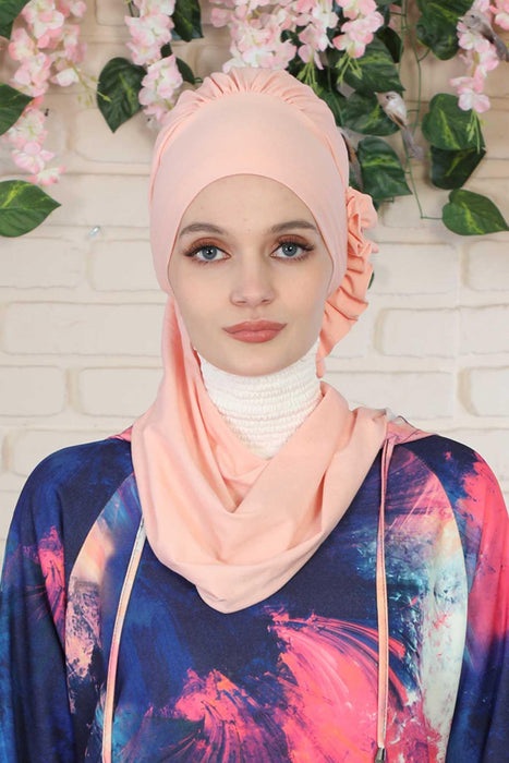 Side Frilled Instant Turban Cotton Headscarf for Women Turban Gift with Beautiful Design, Easy to Wear Muslim Ruffled Headscarf Cover,HT-73 Powder