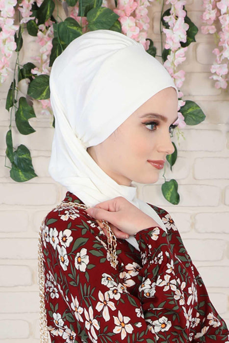 Side Frilled Instant Turban Cotton Headscarf for Women Turban Gift with Beautiful Design, Easy to Wear Muslim Ruffled Headscarf Cover,HT-73 Ivory