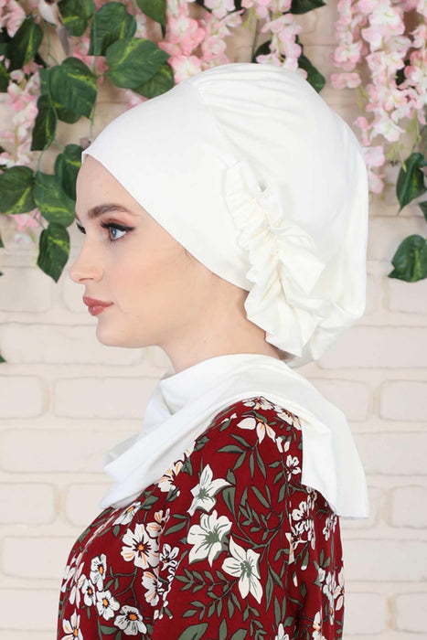 Side Frilled Instant Turban Cotton Headscarf for Women Turban Gift with Beautiful Design, Easy to Wear Muslim Ruffled Headscarf Cover,HT-73 Ivory