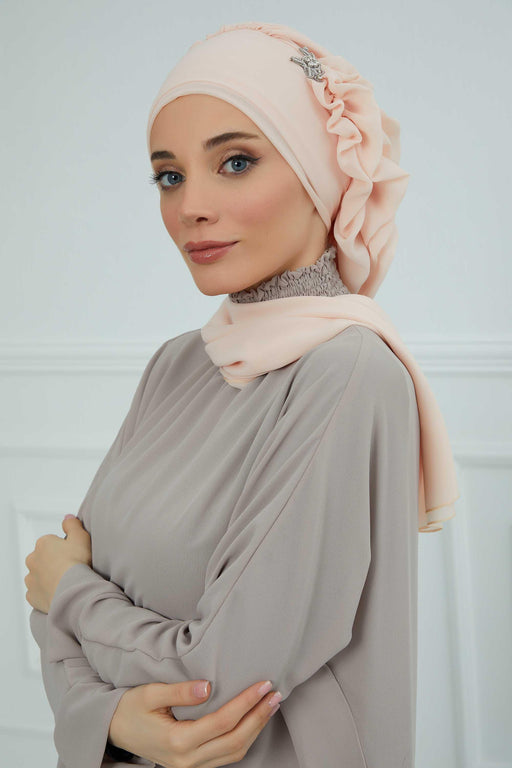 Side Frilled Instant Turban Cotton Scarf Head Turbans with Unique Jewellery Stone Accessory For Women Headwear Stylish Elegant Design,HT-106 Beige