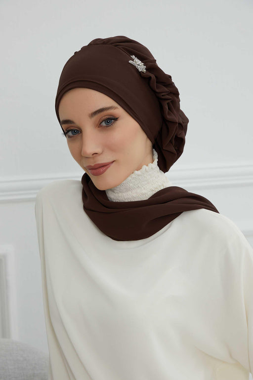 Side Frilled Instant Turban Cotton Scarf Head Turbans with Unique Jewellery Stone Accessory For Women Headwear Stylish Elegant Design,HT-106 Brown