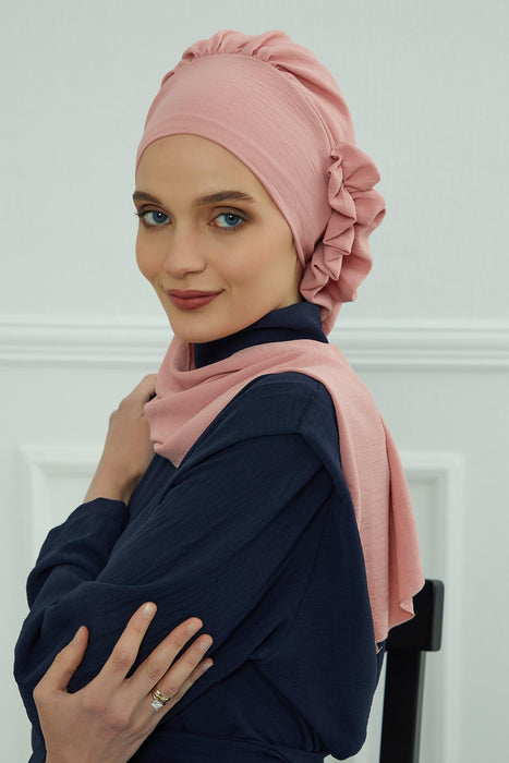 Aerobin Instant Turban Headscarf for Women, High Quality Quick-Tie Muslim Ruffled Turban Cover, Breathable Muslim Turban Gift for Mom,HT-73A Pink
