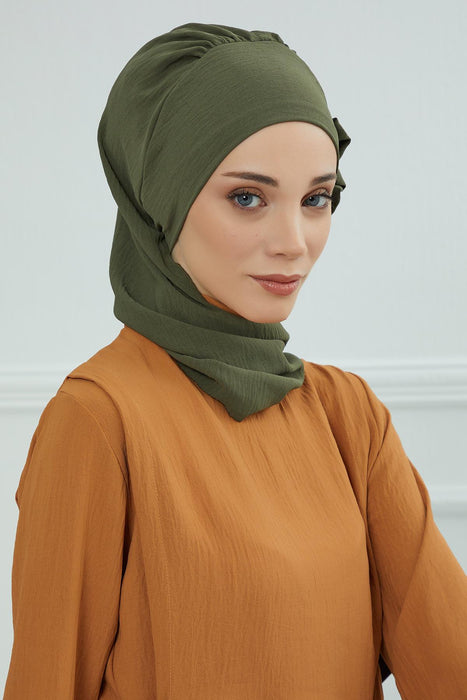Aerobin Instant Turban Headscarf for Women, High Quality Quick-Tie Muslim Ruffled Turban Cover, Breathable Muslim Turban Gift for Mom,HT-73A Army Green