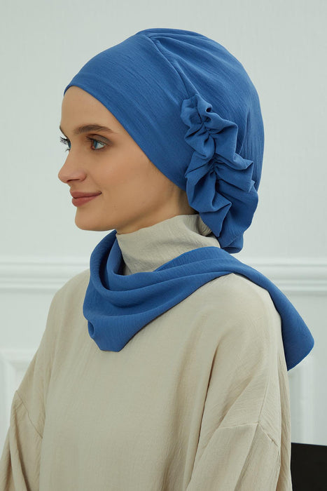 Aerobin Instant Turban Headscarf for Women, High Quality Quick-Tie Muslim Ruffled Turban Cover, Breathable Muslim Turban Gift for Mom,HT-73A Blue