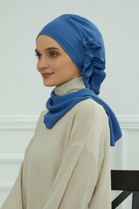 Aerobin Instant Turban Headscarf for Women, High Quality Quick-Tie Muslim Ruffled Turban Cover, Breathable Muslim Turban Gift for Mom,HT-73A Blue
