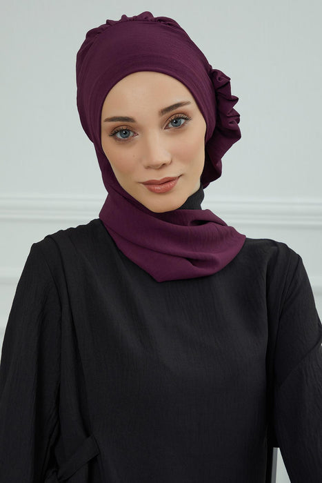 Aerobin Instant Turban Headscarf for Women, High Quality Quick-Tie Muslim Ruffled Turban Cover, Breathable Muslim Turban Gift for Mom,HT-73A Purple