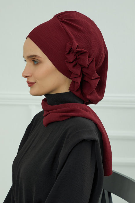 Aerobin Instant Turban Headscarf for Women, High Quality Quick-Tie Muslim Ruffled Turban Cover, Breathable Muslim Turban Gift for Mom,HT-73A Maroon