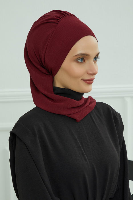 Aerobin Instant Turban Headscarf for Women, High Quality Quick-Tie Muslim Ruffled Turban Cover, Breathable Muslim Turban Gift for Mom,HT-73A Maroon