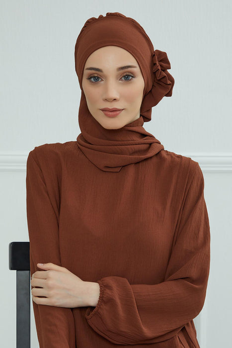 Aerobin Instant Turban Headscarf for Women, High Quality Quick-Tie Muslim Ruffled Turban Cover, Breathable Muslim Turban Gift for Mom,HT-73A Cinnamon