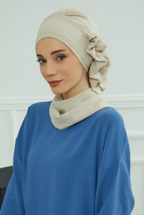 Aerobin Instant Turban Headscarf for Women, High Quality Quick-Tie Muslim Ruffled Turban Cover, Breathable Muslim Turban Gift for Mom,HT-73A Beige