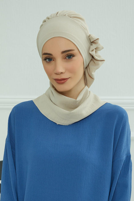 Aerobin Instant Turban Headscarf for Women, High Quality Quick-Tie Muslim Ruffled Turban Cover, Breathable Muslim Turban Gift for Mom,HT-73A Beige