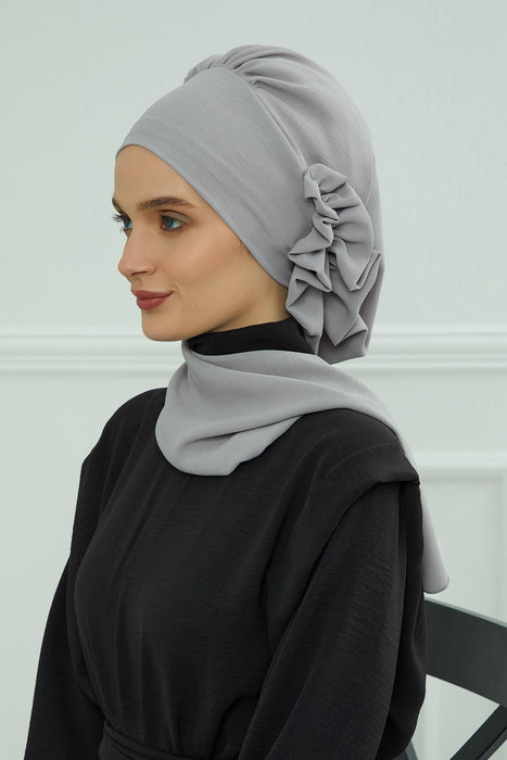 Aerobin Instant Turban Headscarf for Women, High Quality Quick-Tie Muslim Ruffled Turban Cover, Breathable Muslim Turban Gift for Mom,HT-73A Grey