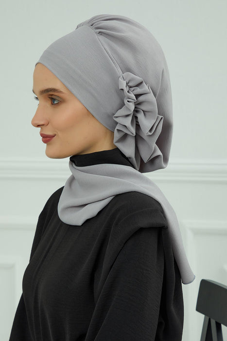 Aerobin Instant Turban Headscarf for Women, High Quality Quick-Tie Muslim Ruffled Turban Cover, Breathable Muslim Turban Gift for Mom,HT-73A Grey