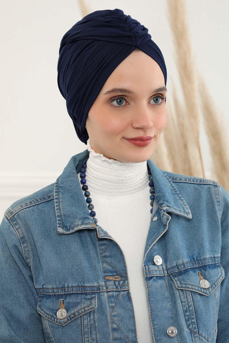Smocked Shirred Instant Turban for Women, Cotton Lightweight Head Wrap with a Beautiful Design, Stylish Chemo Headwear Turban for Women,B-1 Navy Blue