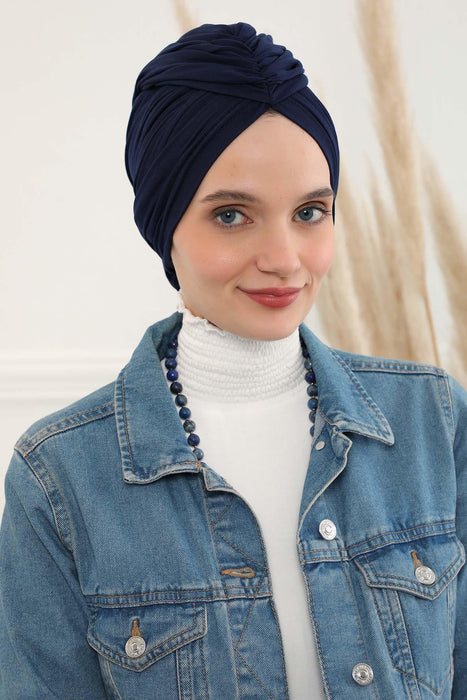 Smocked Shirred Instant Turban for Women, Cotton Lightweight Head Wrap with a Beautiful Design, Stylish Chemo Headwear Turban for Women,B-1 Navy Blue